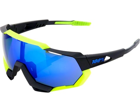 100% Speedtrap Sunglasses: Polished Black/Neon Yellow Frame with Electric Blue M