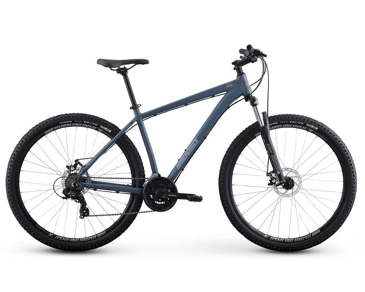 Grey/blue Diamondback Hatch 2 mountain bike with disc brakes and front suspension